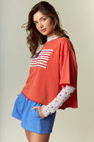 RARERAW Oversized Cropped American Flag Top in Red
