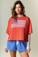 RARERAW Oversized Cropped American Flag Top in Red