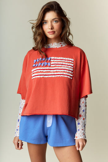 RARERAW Oversized Cropped American Flag Top in Red