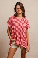 BiBi Textured Waffle Knit Striped Pattern Top in Pink/Red