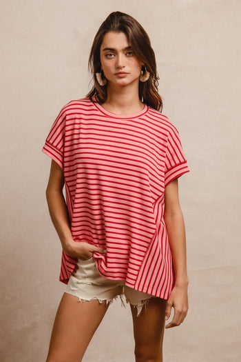 BiBi Textured Waffle Knit Striped Pattern Top in Pink/Red