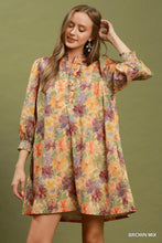 Load image into Gallery viewer, Umgee Mix Floral Print Smocked Cuff Mini Dress in Brown Mix
