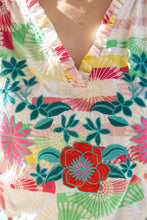 Load image into Gallery viewer, VOY Vibrant Multi Color Abstract Print Top with Floral Embroidery in Multi
