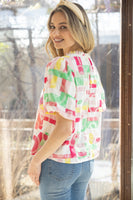 VOY Vibrant Multi Color Abstract Print Top with Floral Embroidery in Multi