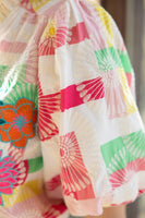 VOY Vibrant Multi Color Abstract Print Top with Floral Embroidery in Multi