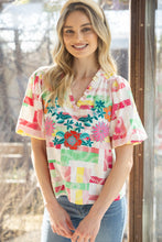 Load image into Gallery viewer, VOY Vibrant Multi Color Abstract Print Top with Floral Embroidery in Multi
