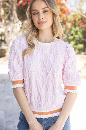 VOY Textured Diamond Patterned Top with Stripe Details in Pink
