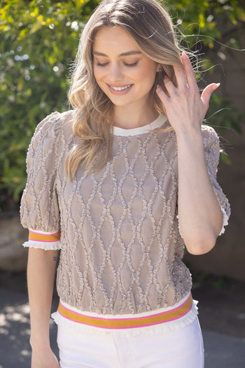 VOY Textured Diamond Patterned Top with Stripe Details in Taupe