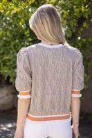 VOY Textured Diamond Patterned Top with Stripe Details in Taupe