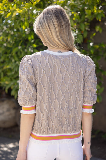VOY Textured Diamond Patterned Top with Stripe Details in Taupe