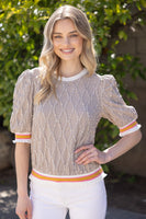 VOY Textured Diamond Patterned Top with Stripe Details in Taupe