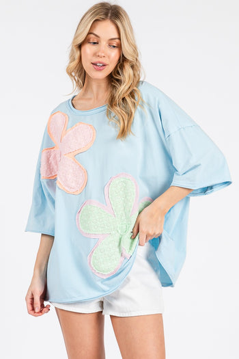 Sewn+Seen OVERSIZED Mineral Washed Flower Patched Top in Dusty Blue