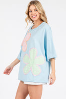 Sewn+Seen OVERSIZED Mineral Washed Flower Patched Top in Dusty Blue