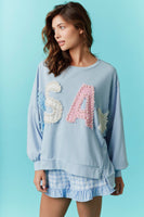 Fantastic Fawn OVERSIZED French Terry Top with USA Patch and Pearl Embellishments in Blue