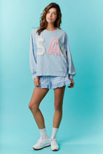 Load image into Gallery viewer, Fantastic Fawn OVERSIZED French Terry Top with USA Patch and Pearl Embellishments in Blue
