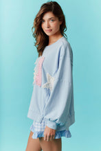 Load image into Gallery viewer, Fantastic Fawn OVERSIZED French Terry Top with USA Patch and Pearl Embellishments in Blue
