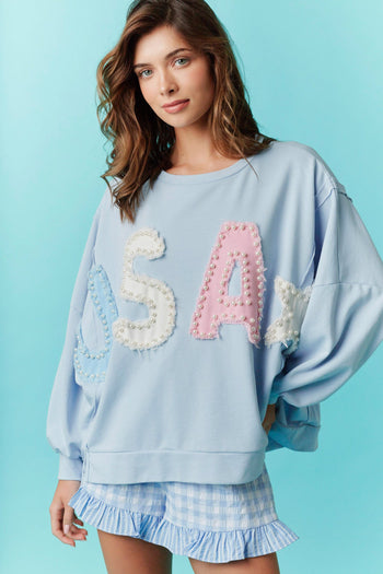 Fantastic Fawn OVERSIZED French Terry Top with USA Patch and Pearl Embellishments in Blue