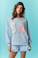 Fantastic Fawn OVERSIZED French Terry Top with USA Patch and Pearl Embellishments in Blue