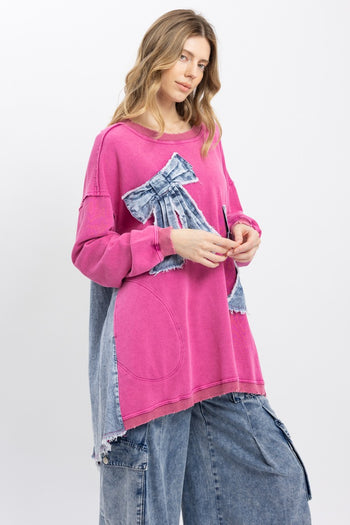 BlueVelvet OVERSIZED Mixed Media Top with Ribbon Bow Patches in Pink
