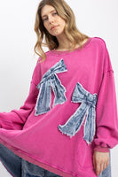 BlueVelvet OVERSIZED Mixed Media Top with Ribbon Bow Patches in Pink