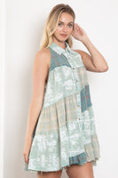 BlueVelvet Mixed Patchwork Angled Hem Tunic Top in Sage-Multi