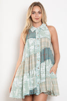 BlueVelvet Mixed Patchwork Angled Hem Tunic Top in Sage-Multi