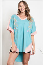 Load image into Gallery viewer, BlueVelvet OVERSIZED Contrasting Color Top with Embroidery Details in Blue-Salmon

