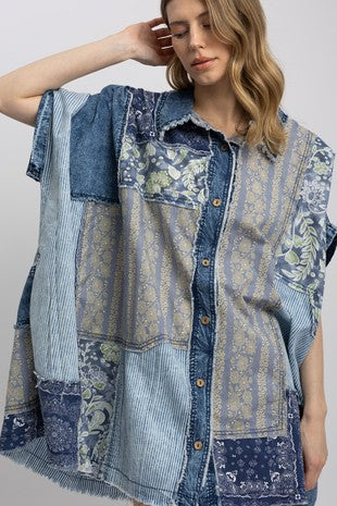 BlueVelvet Contrasting Prints OVERSIZED Top in Denim-Multi