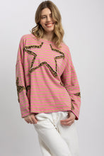 Load image into Gallery viewer, BlueVelvet Contrasting Striped Top with Leopard Print Star Patches in Pink
