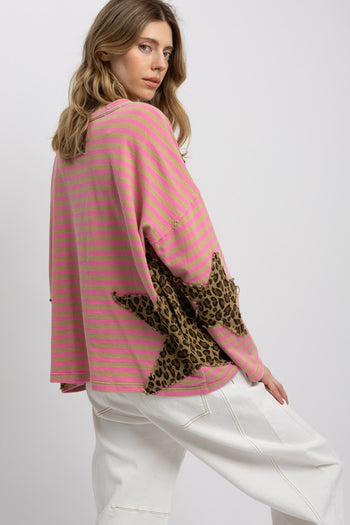 BlueVelvet Contrasting Striped Top with Leopard Print Star Patches in Pink
