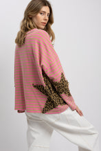 Load image into Gallery viewer, BlueVelvet Contrasting Striped Top with Leopard Print Star Patches in Pink
