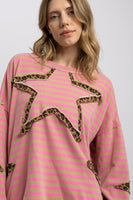 BlueVelvet Contrasting Striped Top with Leopard Print Star Patches in Pink