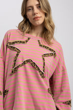 Load image into Gallery viewer, BlueVelvet Contrasting Striped Top with Leopard Print Star Patches in Pink
