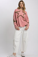 BlueVelvet Contrasting Striped Top with Leopard Print Star Patches in Pink