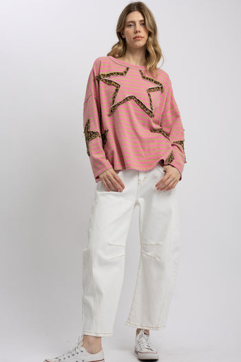 BlueVelvet Contrasting Striped Top with Leopard Print Star Patches in Pink