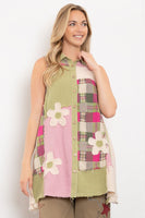 BlueVelvet Patchwork Tunic Top with Patches in Dusty Olive-Pink