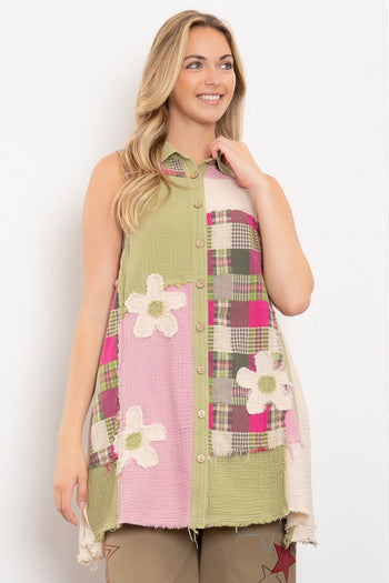 BlueVelvet Patchwork Tunic Top with Patches in Dusty Olive-Pink