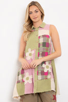 BlueVelvet Patchwork Tunic Top with Patches in Dusty Olive-Pink