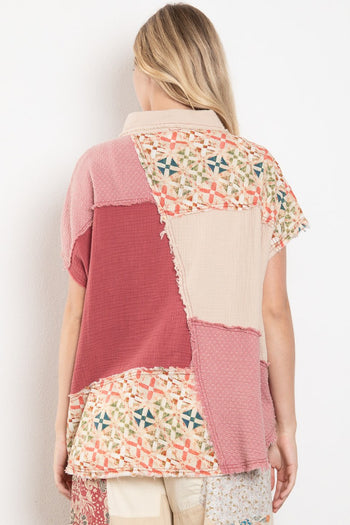 BlueVelvet Mixed Print Color Block Top with Flower Patches in Latte-Pink