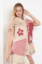 Load image into Gallery viewer, BlueVelvet Mixed Print Color Block Top with Flower Patches in Latte-Pink

