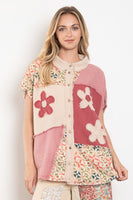 BlueVelvet Mixed Print Color Block Top with Flower Patches in Latte-Pink