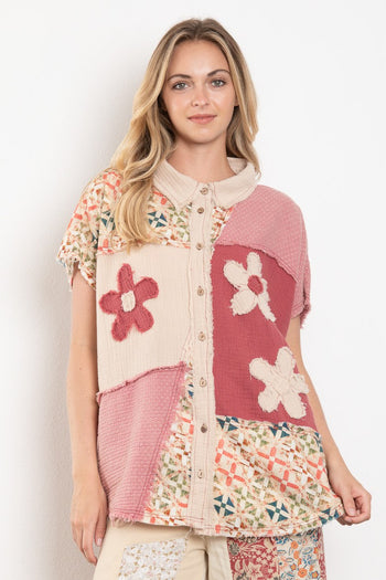 BlueVelvet Mixed Print Color Block Top with Flower Patches in Latte-Pink