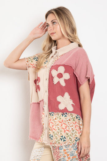 BlueVelvet Mixed Print Color Block Top with Flower Patches in Latte-Pink