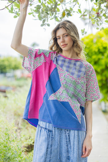 BlueVelvet OVERSIZED Multi Contrast Top with Star Patches in Cobalt-Hot Pink