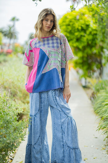 BlueVelvet OVERSIZED Multi Contrast Top with Star Patches in Cobalt-Hot Pink