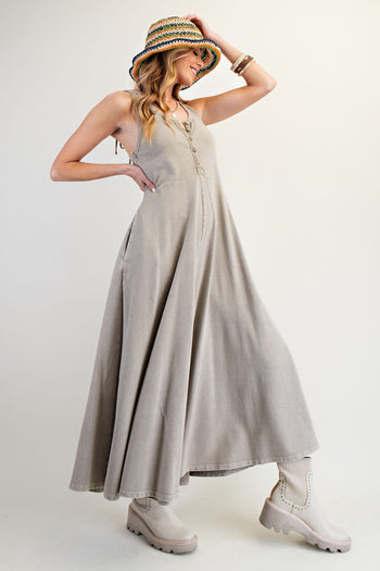 Easel Mineral Washed Solid Color Jumpsuit in Sage Grey
