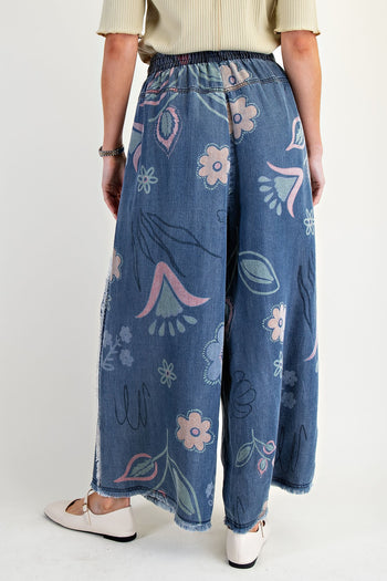 Easel Washed Floral Print Chambray Pants in Washed Denim