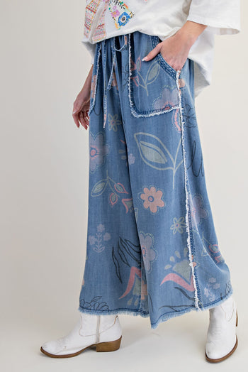 Easel Washed Floral Print Chambray Pants in Light Denim