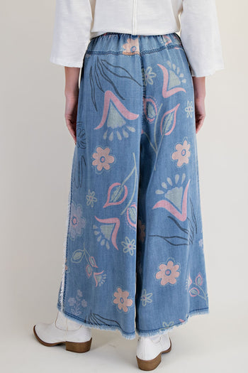 Easel Washed Floral Print Chambray Pants in Light Denim