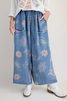 Easel Washed Floral Print Chambray Pants in Light Denim